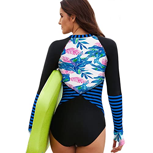 Jywmsc Mujer Cremallera Frontal Bloque de Color Rashguard Manga Larga Una Pieza Trajes de Baño para Surf/Trajes de Surf Parte Superior sin Fondo