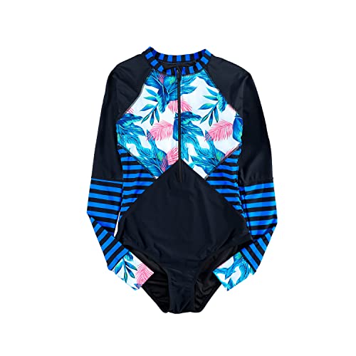 Jywmsc Mujer Cremallera Frontal Bloque de Color Rashguard Manga Larga Una Pieza Trajes de Baño para Surf/Trajes de Surf Parte Superior sin Fondo