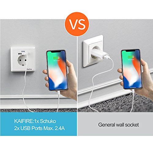 Kaifire USB Enchufe Pared 2.4A Schuko Toma de Corriente Estándar con 2 USB Conectores - Cargador Smartphone Tableta