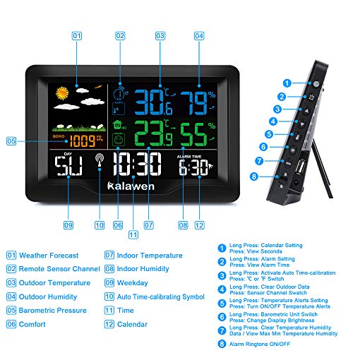 Kalawen Estaciones meteorológicas para casa con Sensor Exterior Interior barómetro estación meteorológica Temperatura Humedad Monitor pronóstico del Tiempo para el hogar el jardín la Oficina