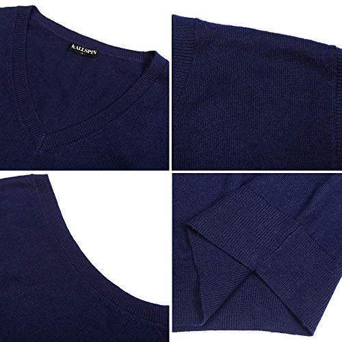 Kallspin Chaleco con Cuello en V para Hombre, Mezcla de Lana de Cachemir, Punto Holgado, Jersey sin Mangas (Azul Oscuro, XXXL)