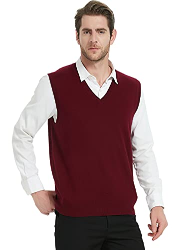 Kallspin Chaleco con Cuello en V para Hombre, Mezcla de Lana de Cachemir, Punto Holgado, Jersey sin Mangas (Borgoña, M)