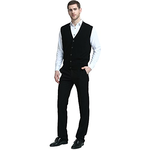 Kallspin Suéter de Punto de Lana de Cachemira para Hombre con Cuello en V para Relajarse, Cardigan sin Mangas con Botones (Negro, XXL)