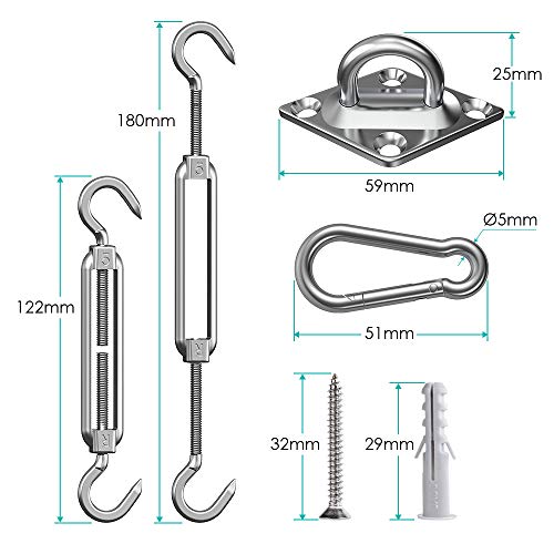 Kit de Montaje para Toldo, Kit de Fijación para Toldo para Triángulo y Rectángulo, Acero Inoxidable Kit de Fijación para Toldo, 40 Piezas Fácil Montaje Kit para Vela de Sombra para Jardín, Patio