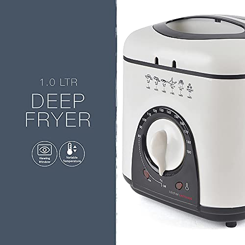 KitchenPerfected E6010WI - Freidora compacta de 1 litro, antiadherente, control de termostato, mango extraíble, patas antideslizantes, tapa desmontable, ventana de visión, color blanco marfil