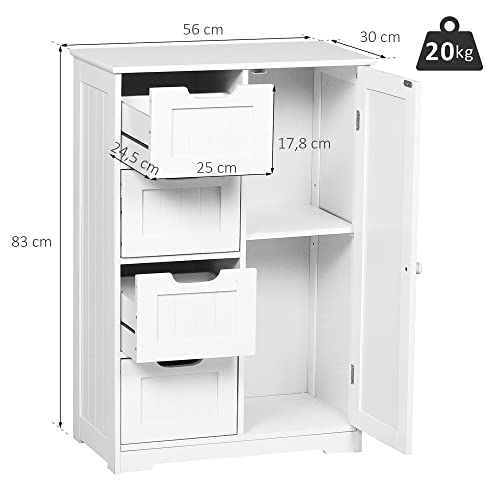 kleankin Armario Madera para Baño o Entrada Mueble Organizador Moderno de Madera 1 Puertas y 4 Cajones Color Blanco 56x30x83cm