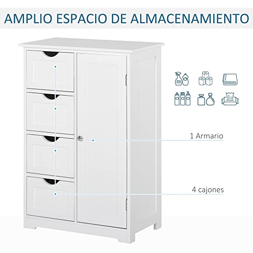 kleankin Armario Madera para Baño o Entrada Mueble Organizador Moderno de Madera 1 Puertas y 4 Cajones Color Blanco 56x30x83cm