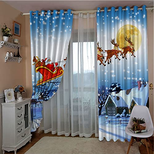 KnBoB Cortinas Opacas Cortinas Termicas Poliéster 2 Piezas 132x214 CM Casa de Nieve de Santa Claus Renos Navideños - GT21M