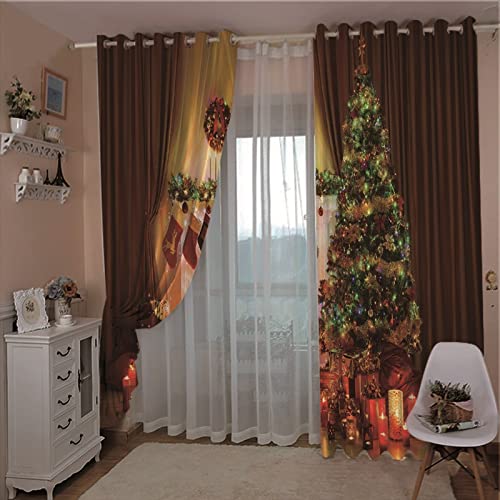 KnBoB Cortinas Salón Cortinas Opacas Termicas Poliéster 2 Cortinas 132x115cm Árbol de Navidad con Velas y Medias de Navidad - GT9O