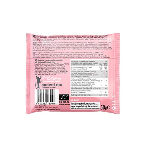 Kookie Cat Galletas Veganas de Vainilla y Virutas de Chocolate Individualmente Envueltas. Sin Gluten, Sin Soja, Bio y Orgánicas. Anacardos y Avena. Multipack de 12 x 50 g