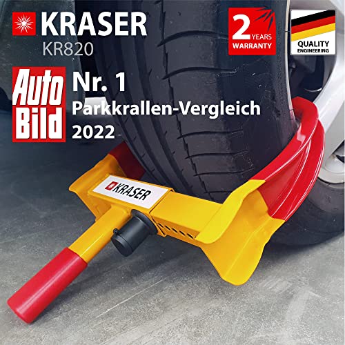 KRASER KR820 Cepo Antirrobo Rueda Coche Remolque Caravana Reforzado Universal Ajustable Protección PVC Cerradura antitaladro, Amarillo y Rojo, Versión 2022