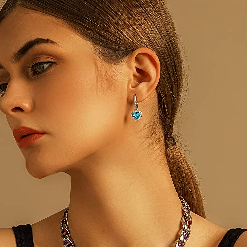 KRKC Pendientes de gota de plata con diamante colorido, pequeño corazón colgante arete argos para mujeres niñas rosa púrpura azul starlite y jacinto, Piedra multicolor/fantasía Jacinto, Blue Zirconia,