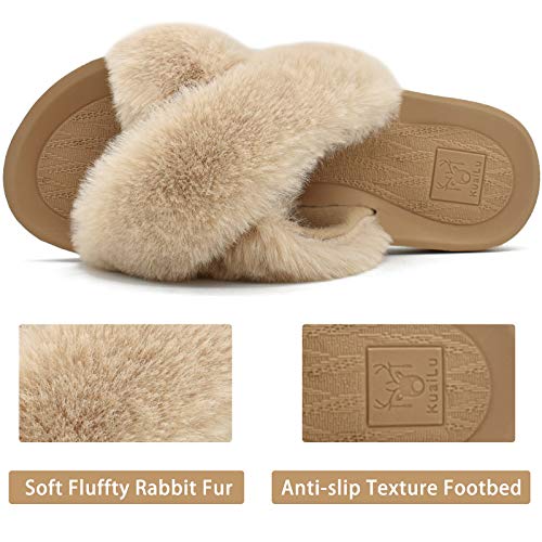 KuaiLu Pantuflas Mujer Peluche Felpa Piel Sintética Zapatillas de Estar en Casa Invierno Chanclas Verano Cómoda Cerradas Antideslizante Sandalias Beige 41