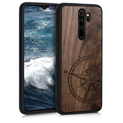 kwmobile Carcasa Compatible con Xiaomi Redmi Note 8 Pro - Funda de Madera de Nogal con Bumper de Silicona de Aguja magnética