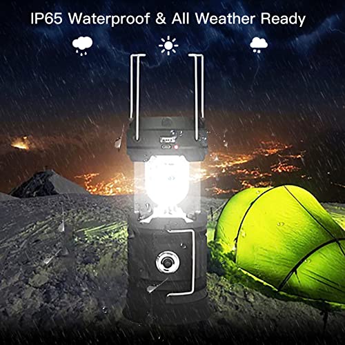 Lampara Camping Recargable Solar, ZVO Linterna de Acampada Plegables Portátiles USB con Mango Plegable, Luz de Emergencia LED IP65 Impermeable para Exterior e Interior/Tienda/Senderismo/Pesca(Negro)