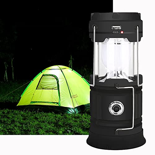 Lampara Camping Recargable Solar, ZVO Linterna de Acampada Plegables Portátiles USB con Mango Plegable, Luz de Emergencia LED IP65 Impermeable para Exterior e Interior/Tienda/Senderismo/Pesca(Negro)