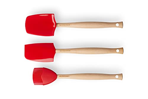 Le Creuset Craft Set de 3 utensilios de cocina, Espátula mediana, Cuchara grande, Pincel de cocina, Silicona, Rojo Cereza