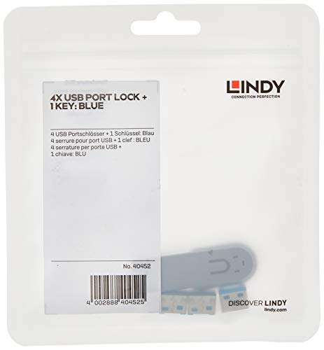 LINDY 40452 Kit Bloqueador de puertos USB, Llave y 4 bloqueadores, Color azul