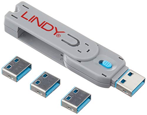 LINDY 40452 Kit Bloqueador de puertos USB, Llave y 4 bloqueadores, Color azul