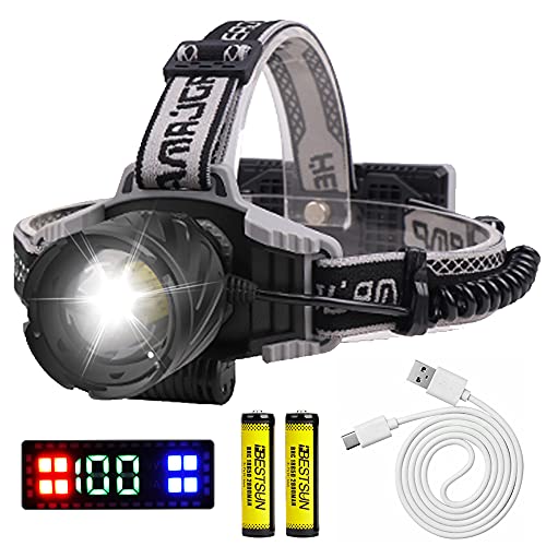 Linterna Frontal LED Recargable, 7000 Lúmenes Luz Frontal Cabeza con 4 Modos, Luz Trasera Roja y Azul, Enfoque Ajustable, Linterna de Cabeza Impermeable para Espeleología, Pesca, Emergencia