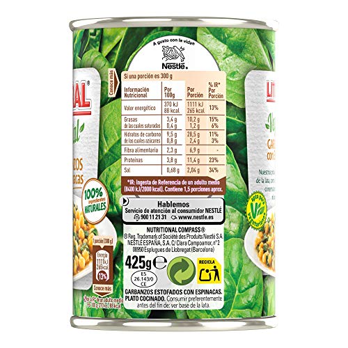 LITORAL Vegetal Garbanzos con Espinacas - Plato Preparado Sin Gluten - Pack de 10x425g - Total: 4.25kg