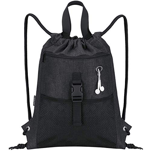 LIVACASA Mochilas de Cuerdas Mujer Hombre Bolsa de Cuerdas Bolsillos Mallas Exteriores A Prueba de Agua Toma USB para Auriculares Bolsa de Mano para Trabajo Escuela Yoga Gimnasio Negro