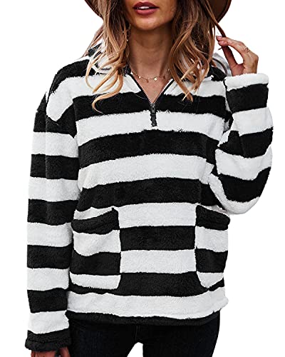 LIVACASA Sudadera Mujer Jersey Polar Mujer Sudadera Cuarto de Zip Caliente Flexible Invierno Otoño Hoodie Zip Casual Moda Amplio Negro Rayado L