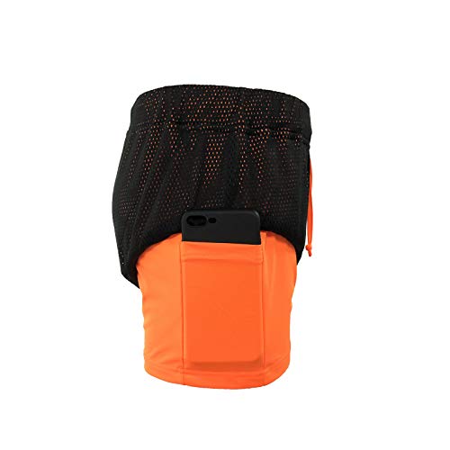 Loalirando - Pantalones cortos de deporte para mujer, 2 en 1, con forro para yoga, fitness, gimnasio, con bolsillo para teléfono de secado rápido, negro y naranja, L