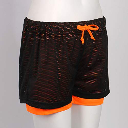 Loalirando - Pantalones cortos de deporte para mujer, 2 en 1, con forro para yoga, fitness, gimnasio, con bolsillo para teléfono de secado rápido, negro y naranja, L