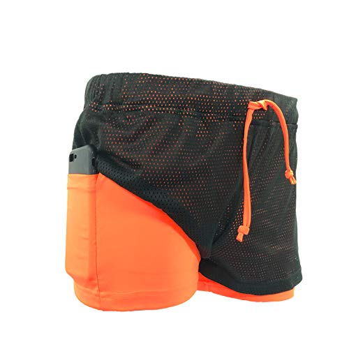 Loalirando - Pantalones cortos de deporte para mujer, 2 en 1, con forro para yoga, fitness, gimnasio, con bolsillo para teléfono de secado rápido, negro y naranja, L