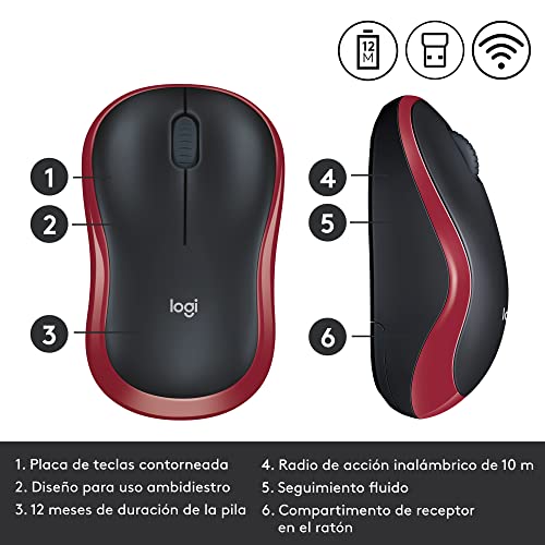 Logitech M185 Ratón Inalámbrico, 2.4GHz con Mini Receptor USB, Batería de 12 Meses, Seguimiento Óptico con Resolución de 1000 dpi, Ambidiestro, Compatible con PC, Mac, Portátil - Rojo