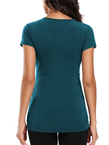 Love2Mi Camiseta de maternidad de manga corta para mujer, cuello en V, moda premamá azul pavo real XL