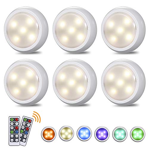 Luces LED Armario,Tom-shine 6PCS RGBW Lámpara de Armario,10 Brillo Regulable/3 Iluminación Modo,Luz Nocturna con Pilas con 2 Control Remoto Para Vitrina Cocina Garaje[Clase Eficiencia Energética A++]