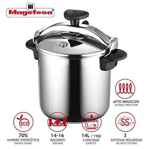 MAGEFESA STAR Olla presión rápida de fácil uso, acero inoxidable 18/10, apta para todo tipo de cocinas, incluido inducción. Fondo termodifusor encapsulado de 5capas, excelente distribución del calor