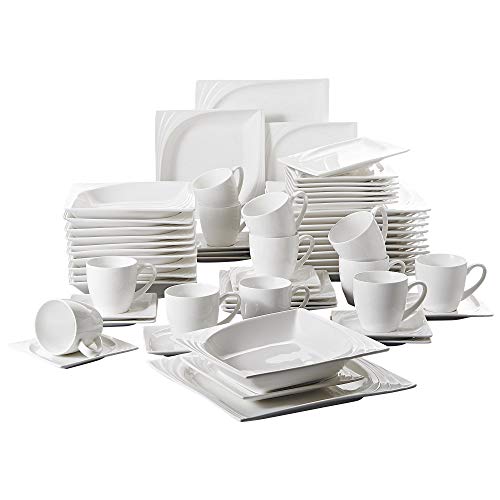 MALACASA, Serie Monica, Vajillas de Porcelana,60 Piezas Vajillas completa, con 12 Tazas, 12 Platillos, 12 Platos de Postre, 12 Platos Hondos, 12 Platos Llanos Vajillas para 12 Personas