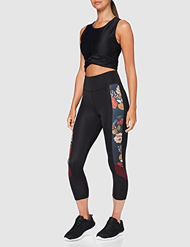 Marca Amazon - AURIQUE Mallas de Deporte Cortas Mujer, Negro (Black/Floral Print), 36, Label:XS