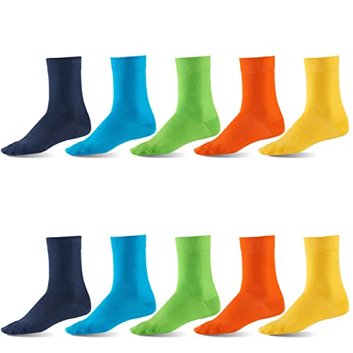 Mat & Vic’s Calcetines Clásicos de Vestir para Hombre y Mujer, Algodón, Certificado Oeko-Tex 100, cómodos (10 pares, Trend Colors amarillo naranja verde turquesa azul navy, UK 12-15 / EU 47-50)