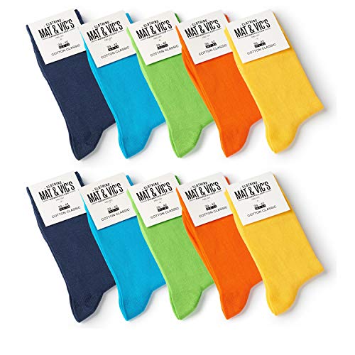 Mat & Vic’s Calcetines Clásicos de Vestir para Hombre y Mujer, Algodón, Certificado Oeko-Tex 100, cómodos (10 pares, Trend Colors amarillo naranja verde turquesa azul navy, UK 12-15 / EU 47-50)