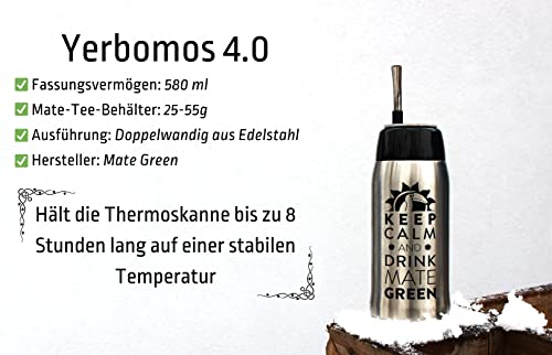 Mate Green Yerbomos 4.0 Black 580 ML for Yerba Mate Tee 580 ML, un accesorio portátil para Yerba Mate, funciona como un termo con una botella de agua y mantiene el agua, color plateado y negro, 13308