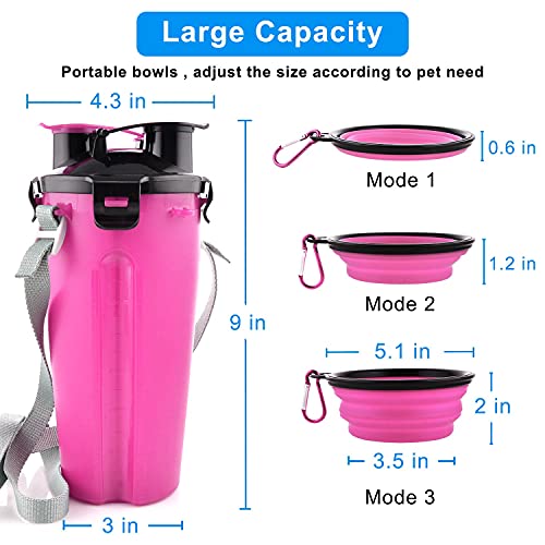 MATT SAGA Botella de Agua para Perros Portatil Envase de Comida para Perros con 2 Plegable Tazones para Perros Gatos Mascotas Adecuado para al Aire Libre Caminar Viajar (Rosa)