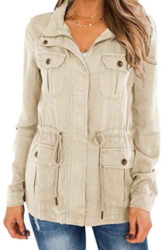 Maxwinee Chaqueta de entretiempo para mujer Utility, parka exterior, con más bolsillos y cremallera, ligera, boyfriend para otoño, beige, L