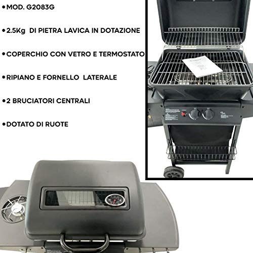 Mediawave Store – Barbacoa de gas de piedra volcánica SG G2083G Hornillo y parrilla cromada 2,9 kW, barbacoa para casa y jardín, barbacoa Grill BBQ con ruedas