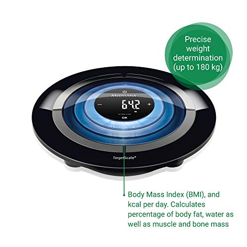 Medisana TargetScale, báscula digital de análisis del cuerpo con modo atleta, grasa corporal, agua corporal, masa muscular, medición del peso de los huesos con aplicación e iluminación LED