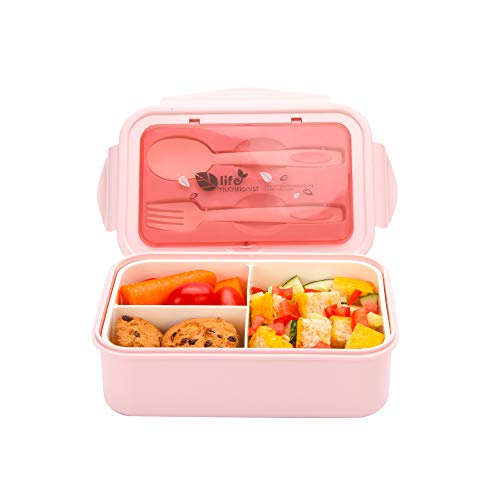 Merysen 1050ml Caja de Almuerzo Rosa Claro, Reutilizable Caja de Bento con 3 Compartimentos y Cubiertos (Tenedor y Cuchara), Fiambreras Caja de Alimentos para Niños y Adultos