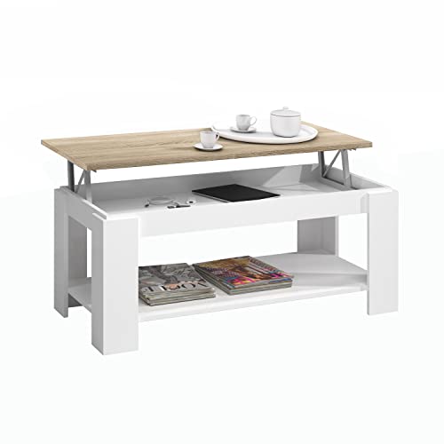 Mesa Centro con revistero, Mesa elevable, mesita Mueble Salon Comedor, Acabado en Blanco Artik y Roble Canadian, Medidas: 102 cm (Largo) x 43/54 cm (Alto) x 50 cm (Fondo)