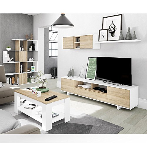 Mesa Centro con revistero, Mesa elevable, mesita Mueble Salon Comedor, Acabado en Blanco Artik y Roble Canadian, Medidas: 102 cm (Largo) x 43/54 cm (Alto) x 50 cm (Fondo)