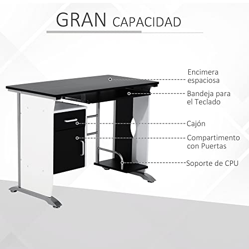 Mesa de Ordenador Escritorio de Oficina Mesa de PC Mesa con Armario para Hogar Escuela y Oficina Mobiliario 100x52x75cm Madera Negro y Plata