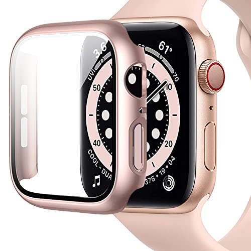 Miimall Compatible con Apple Watch Series 6/SE/5/4 40mm 44mm Funda con Protector de Pantalla Cristal Templado, Brillante PC Cover Anti-Rasguños Anti-Caída para iWatch 44mm - Rosa Oro