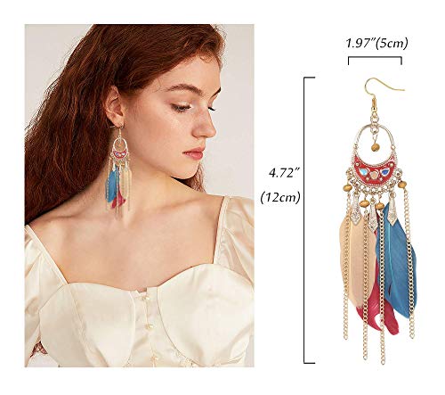 Milacolato 9 Pares de Pendientes de Plumas de Imitación Bohemios Para Mujer Pendientes Largos de Plumas de Colores étnicos Largos Pendientes Colgantes de Moda Día de San Valentín