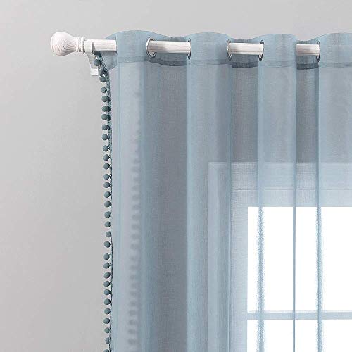 MIULEE Cortinas Transparentes de Salon Visillos con Pompones para Habitacion Cortina Translucida Poliéster de Ventana Dormitorio Visillo Moderno Comedor Cocina 2 Hojas 140x260cm Azul Oscuro